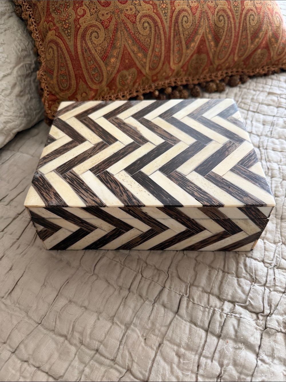 Chevron Inlay Decorative bone  Box - brown & Cream 9” by 7” by 3” beautiful gift